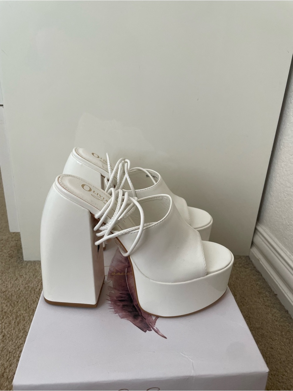 White Platform Lace-Up Chunky Heel Mules